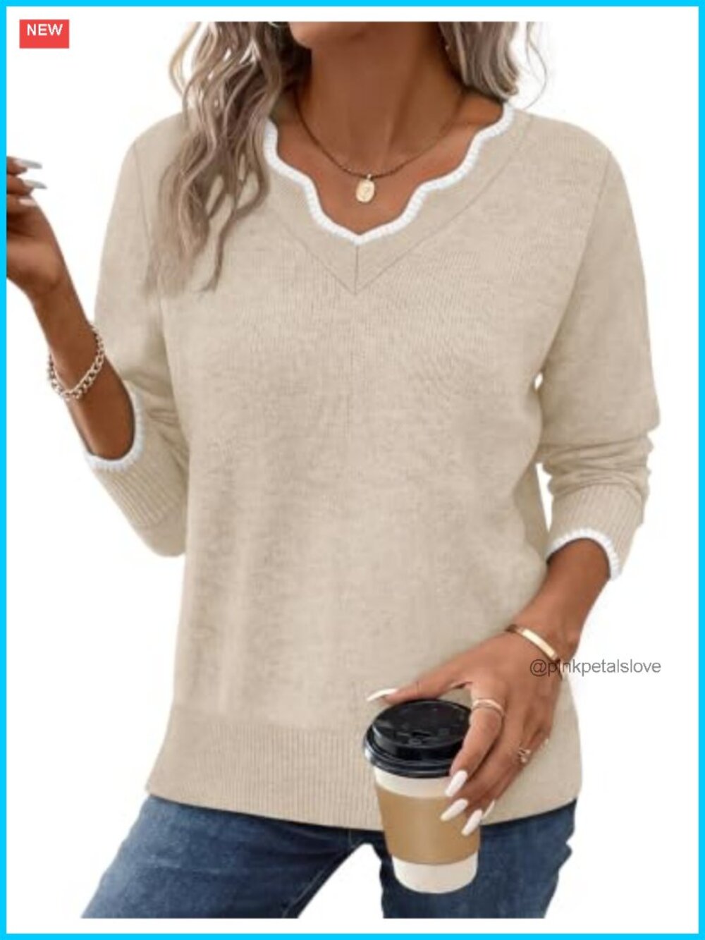 Womens V Neck Pullover Sweater Cozy Lightweight Long Sleeve Top Fall Layering